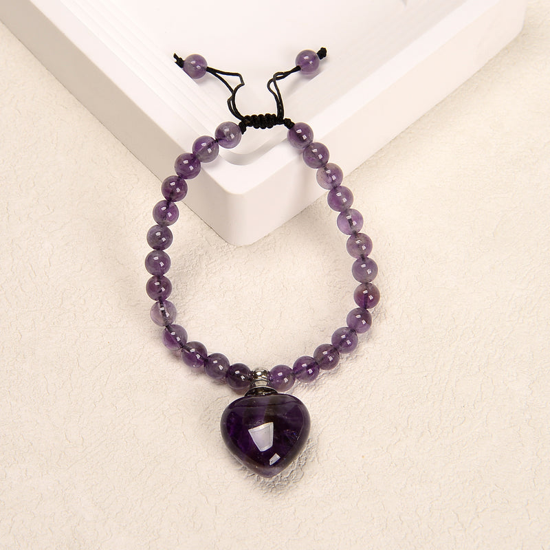 Amethyst Round Beaded Heart Perfume Bottle Adjustable Bracelet 6mm 7.5'' Length