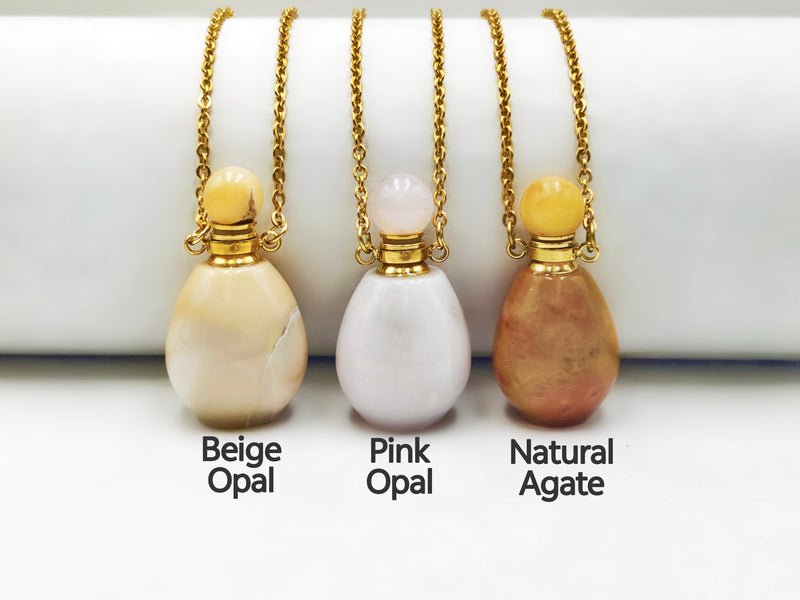 Natural Stone Essential Oil Necklace Perfume Bottle Smooth Round & Gold Chain