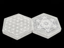 Selenite Hexagon Charging Plate Metatron's Cube & Flower of Life Size 3.5-4"