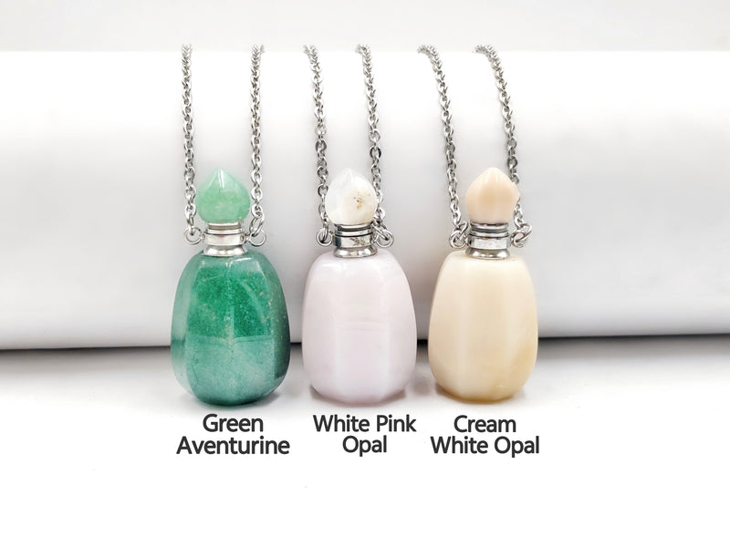 Natural Stone Essential Oil Necklace Octagon Shape Perfume Bottle & Silver Chain