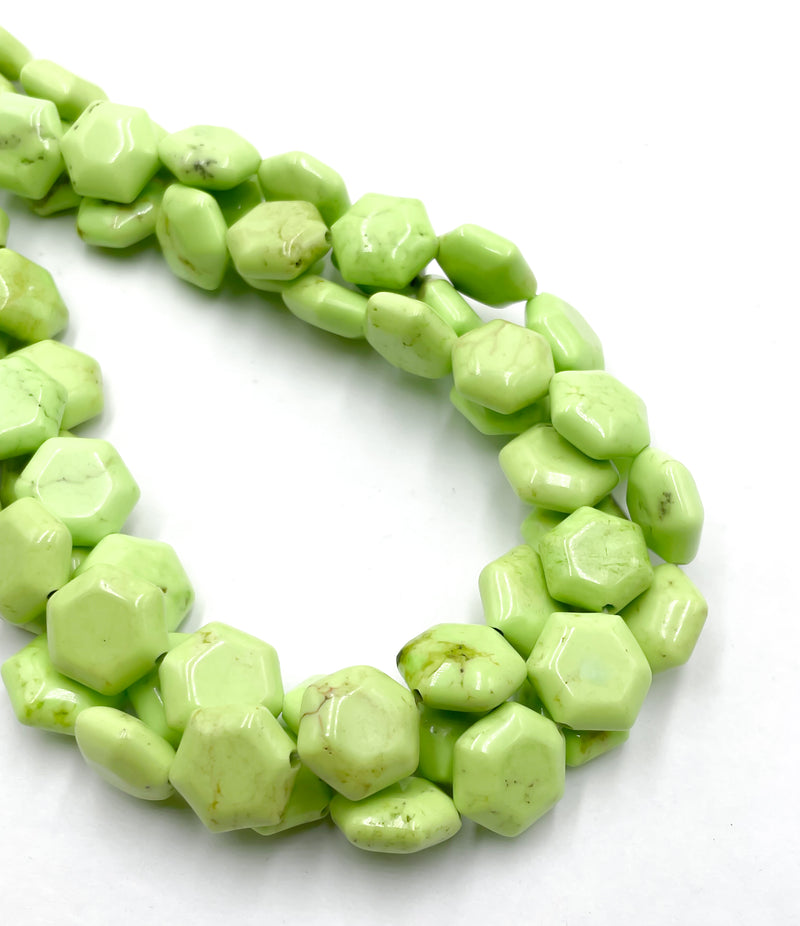 Neon Lime Green Chalk Turquoise Hexagon Shape Beads Size 14mm 16'' Strand