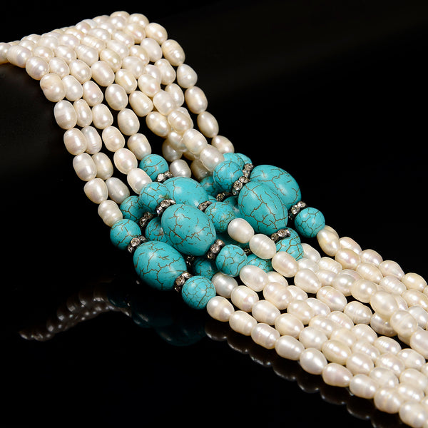 Fresh Water Pearl Oval Rice & Blue Howlite Turquoise Beads 7x10mm 15.5" Strand