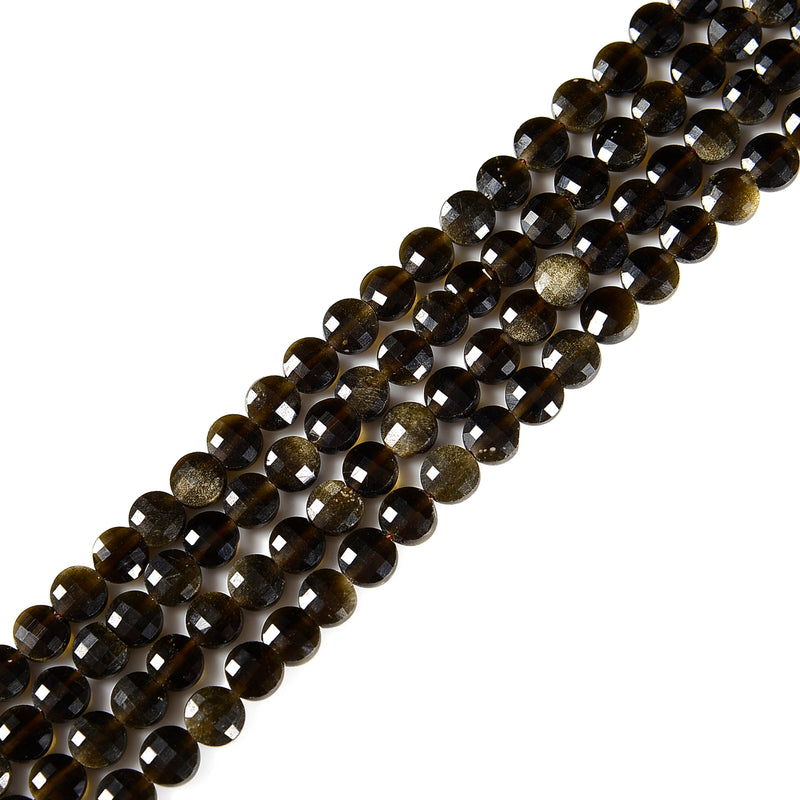 Gold Obsidian Faceted Flat Coin Beads 6mm 15.5" Strand