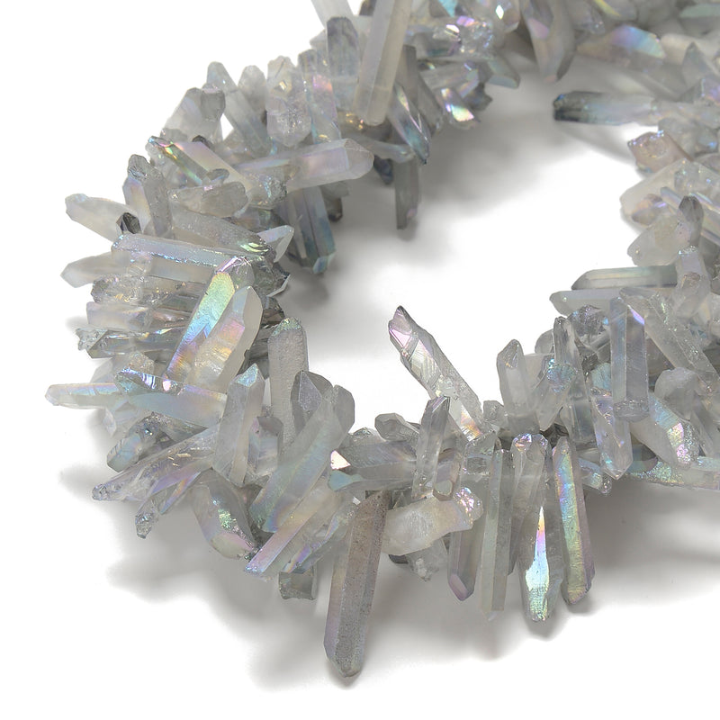 Gray Blue AB Electroplated Quartz Faceted Rough Points Beads 16-30mm 15.5" Strd