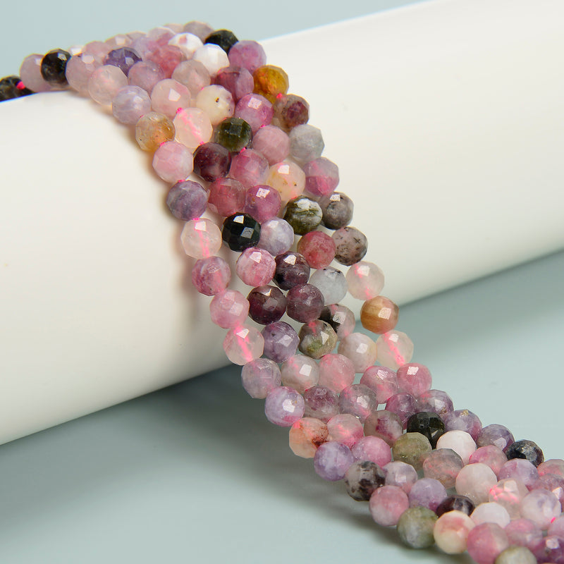 Natural Pink Tourmaline & Lepidolite Faceted Round Beads 5mm 15.5'' Strand