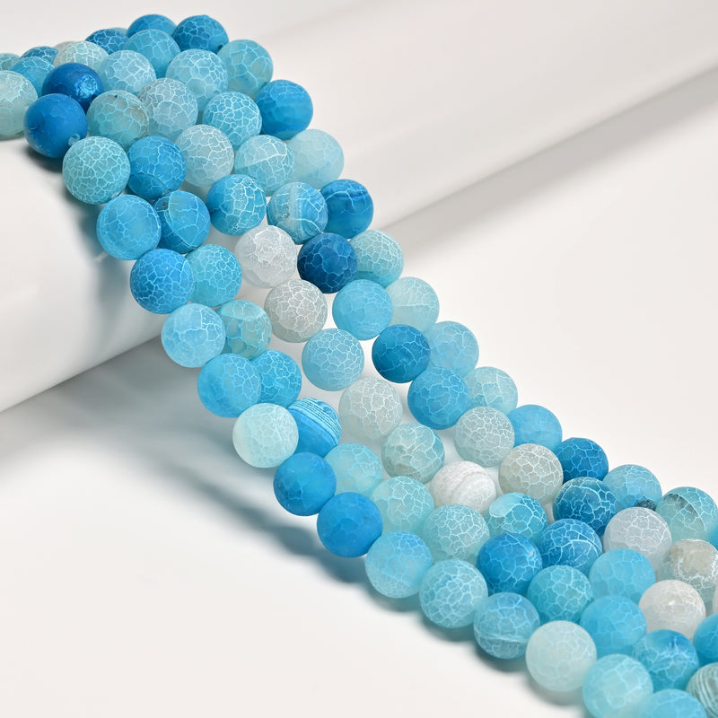 Light Blue Fire Agate Crackled Matte Round Beads 4mm -12mm 15.5" Strand