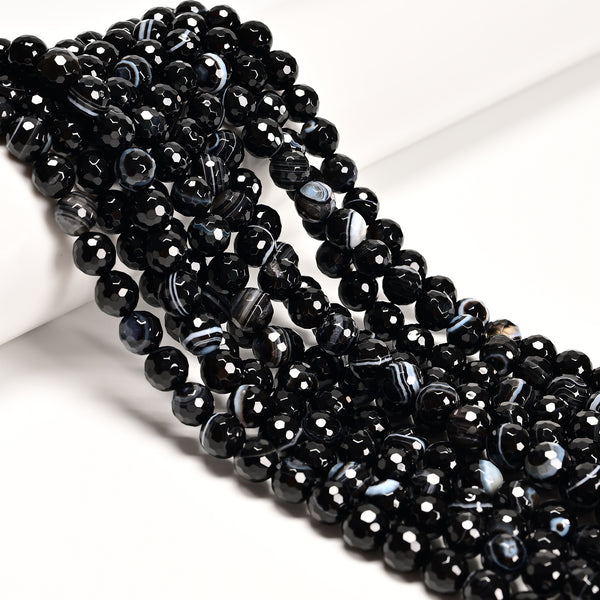 Black Striped Agate Faceted Round Beads 4mm 6mm 8mm 10mm 12mm 15.5" Strand