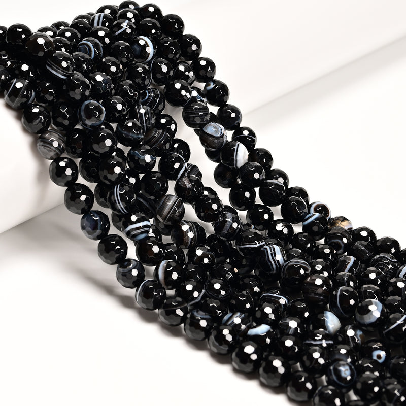 Black Striped Agate Faceted Round Beads 4mm 6mm 8mm 10mm 12mm 15.5" Strand