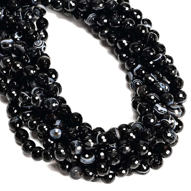 Black Striped Agate Faceted Round Beads 4mm 6mm 8mm 10mm 12mm 15.5" Strand