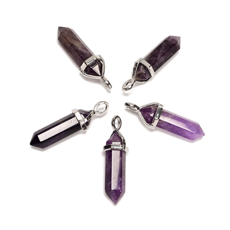 Amethyst Pendulum Pendant Healing Point Size 40x8mm Silver Leather Cord