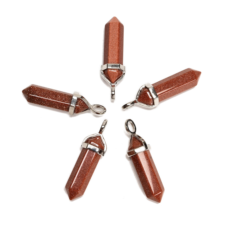 Sand Goldstone Pendulum Pendant Healing Point 40x8mm Silver Leather Cord