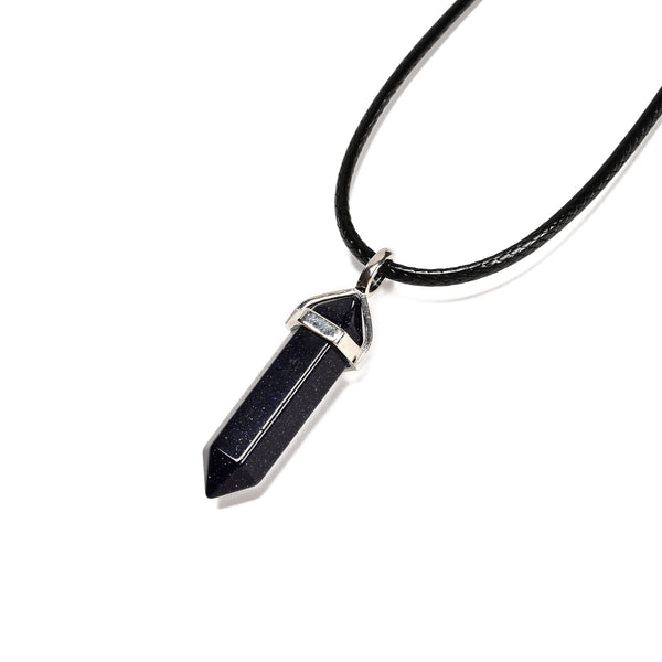 Blue Sand Goldstone Pendulum Pendant Healing Point Size 40x8mm Silver Leather Cord