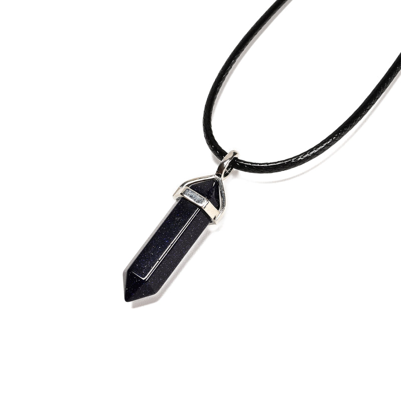 Blue Sand Goldstone Pendulum Pendant Healing Point Size 40x8mm Silver Leather Cord