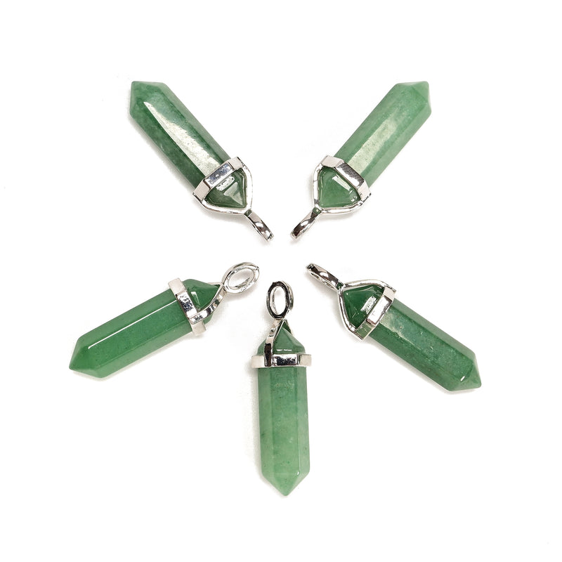 Green Aventurine Pendulum Pendant Healing Point Size 40x8mm with Silver Leather Cord