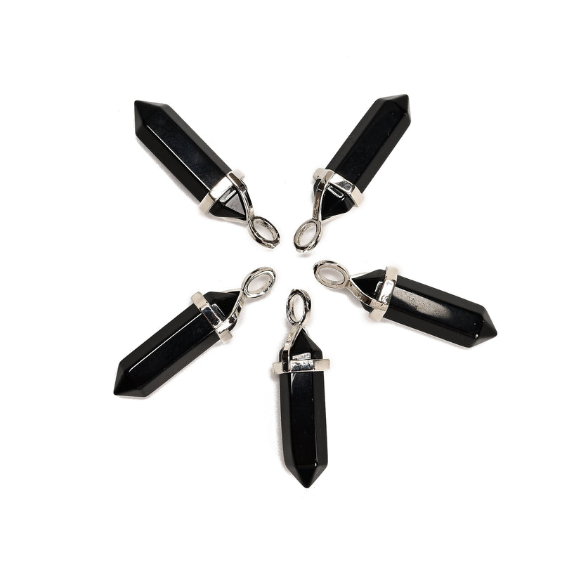Black Obsidian Pendulum Pendant Healing Point Size 40x8mm Silver Leather Cord