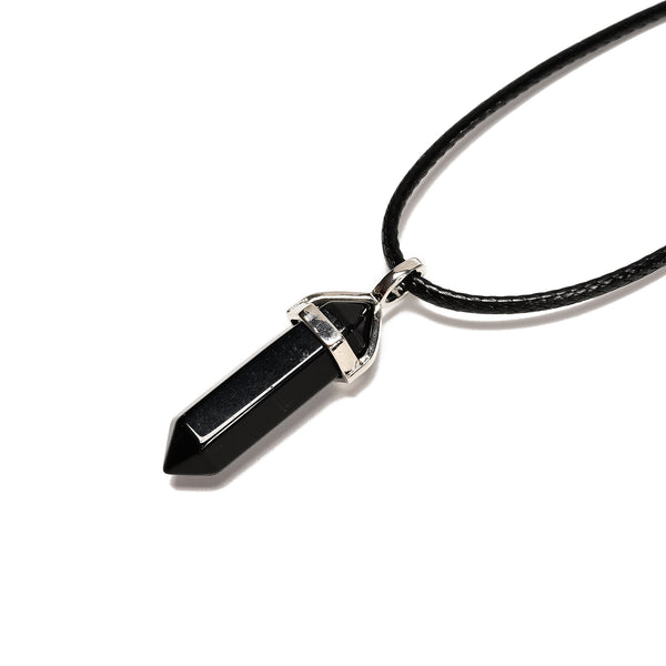 Black Obsidian Pendulum Pendant Healing Point Size 40x8mm Silver Leather Cord