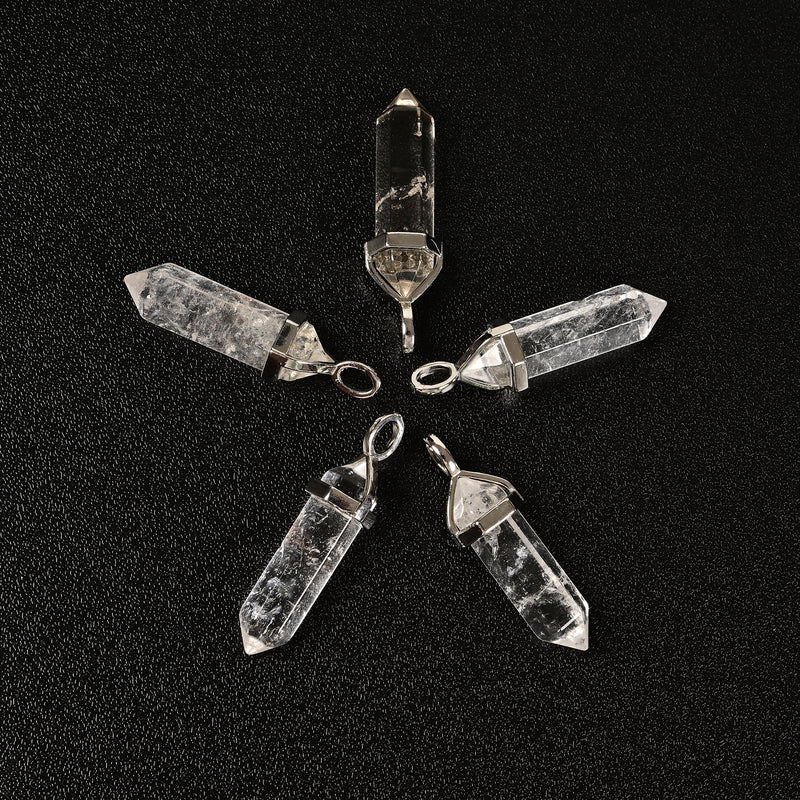 Clear Quartz Pendulum Pendant Healing Point Size 40x8mm Silver Leather Cord