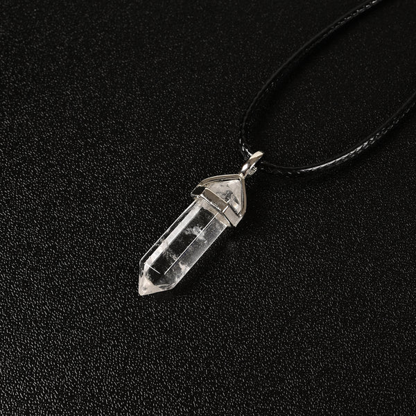 Clear Quartz Pendulum Pendant Healing Point Size 40x8mm Silver Leather Cord
