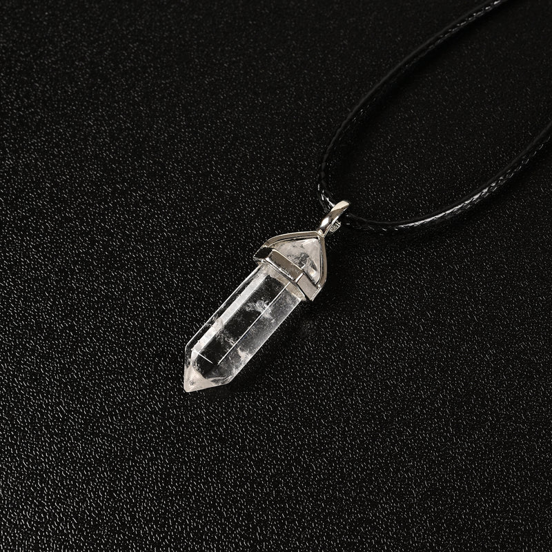 Clear Quartz Pendulum Pendant Healing Point Size 40x8mm Silver Leather Cord