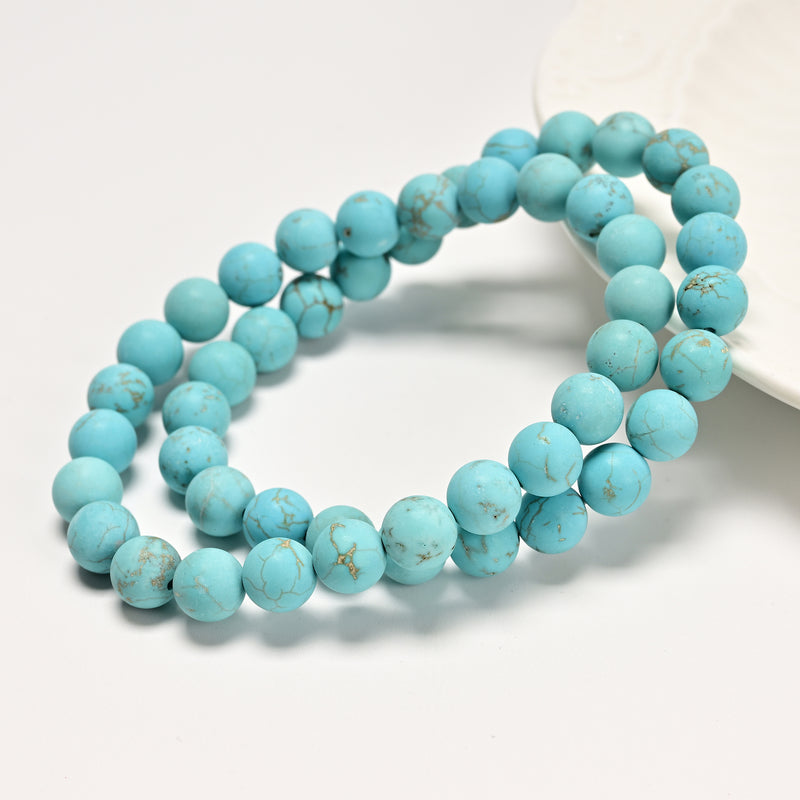 Blue Turquoise Bracelet Matte Round Size 8mm 10mm 7.5" Length