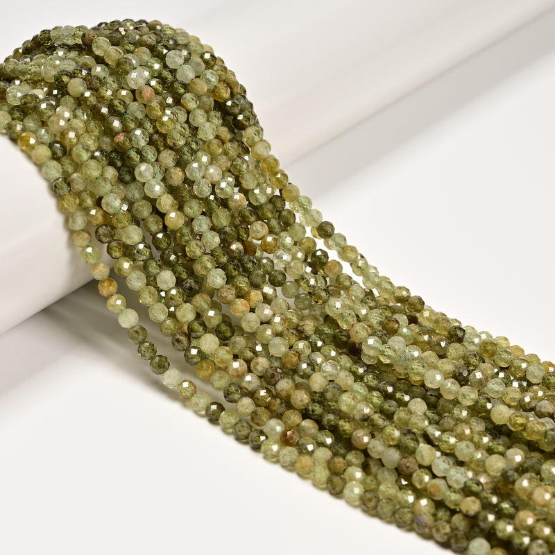 Natural Green Garnet Faceted Round Beads 3mm 4mm 15.5" Strand