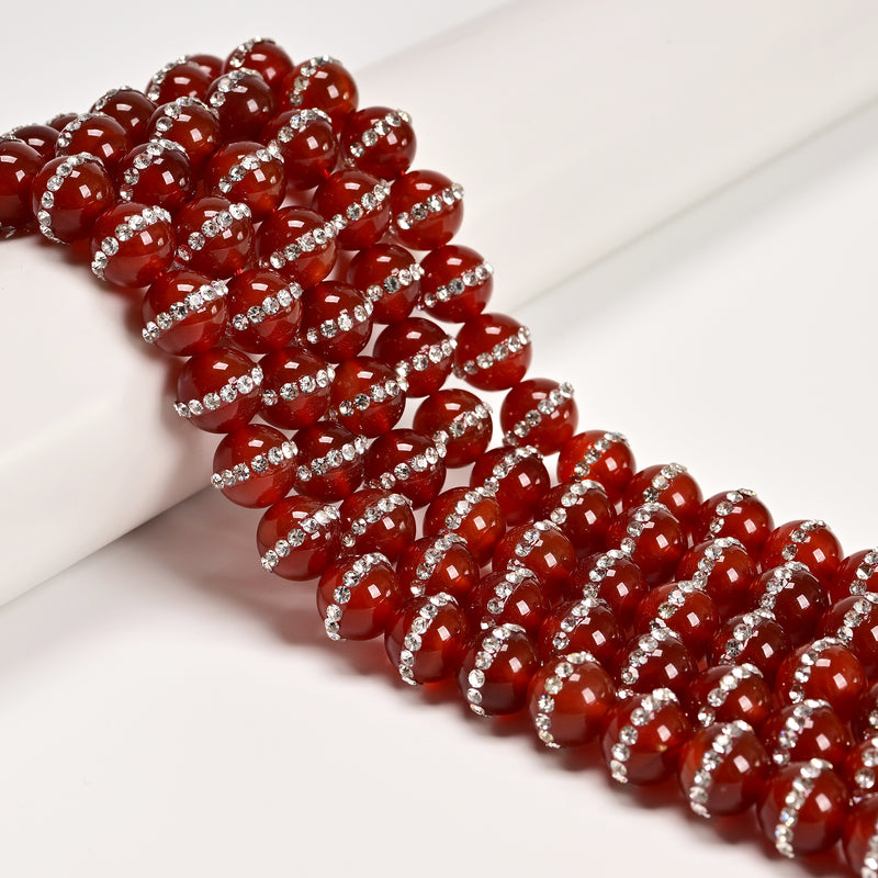 Carnelian Rhinestone Smooth Round Beads 6mm 8mm 10mm 12mm 14mm 15.5" Strand