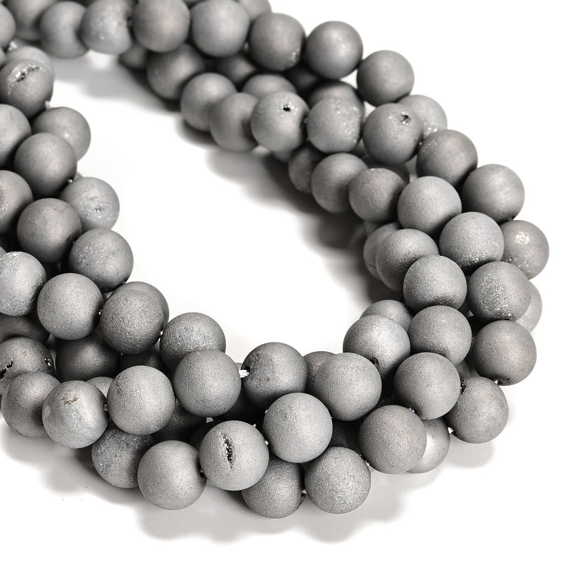 Silver Druzy Agate Matte Round Beads Size 6mm 8mm 10mm 15.5" Strand