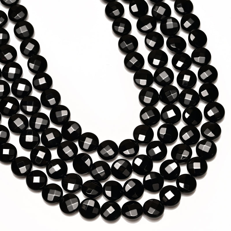 Black Onyx Faceted Coin Discs Beads 8mm 10mm 12mm 15.5" Strand