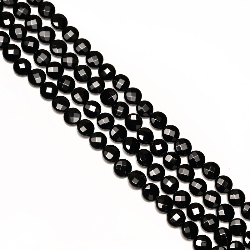 Black Onyx Faceted Coin Discs Beads 8mm 10mm 12mm 15.5" Strand