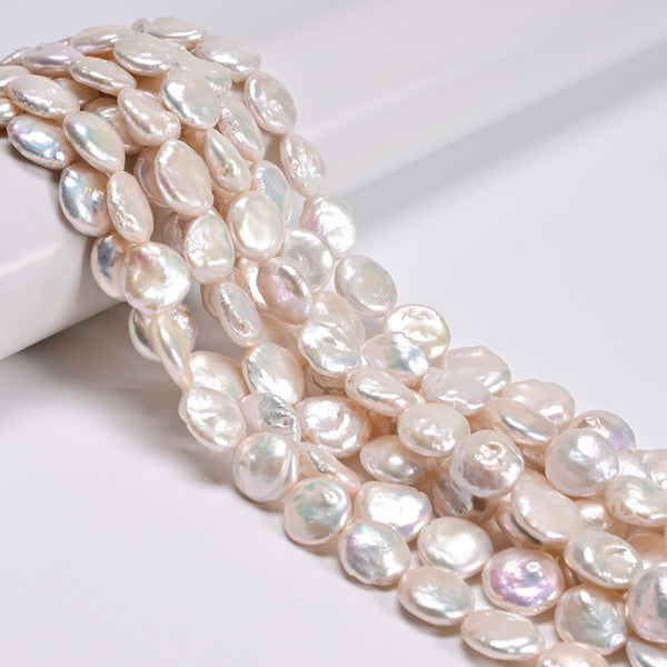 High Grade White Fresh Water Pearl Coin Shape Beads Size 12-13mm 15.5'' Strand