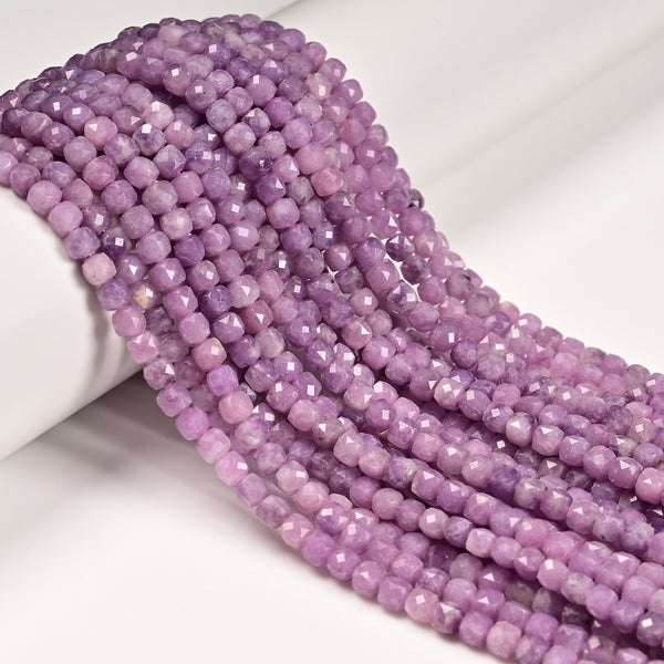 Natural Light Lepidolite Faceted Cube Beads Size 4mm 15.5'' Strand