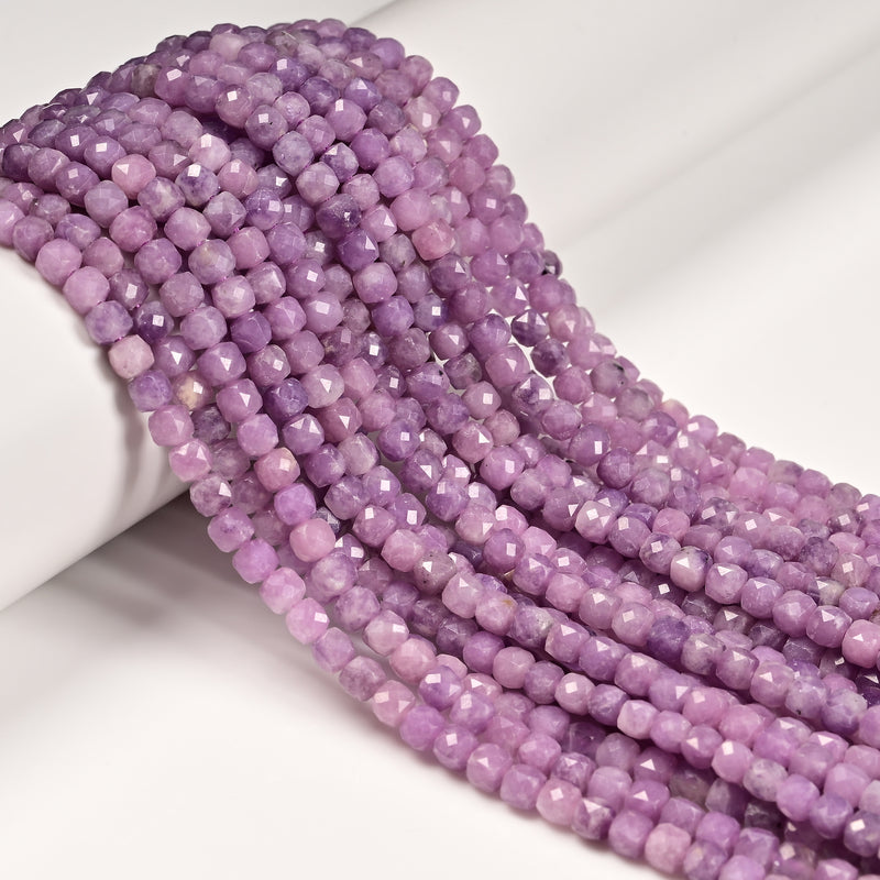 Natural Light Lepidolite Faceted Cube Beads Size 4mm 15.5'' Strand