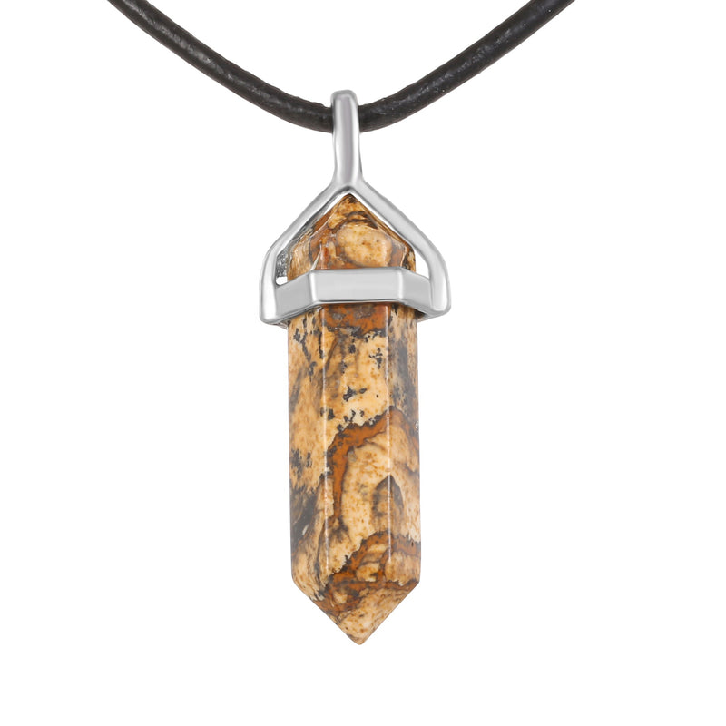 Picture Jasper Pendulum Pendant Healing Point Size 40x8mm Silver Leather Cord