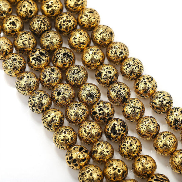 Gold Coated Lava Rock Stone Beads 6mm 8mm 10mm 15.5" Strand