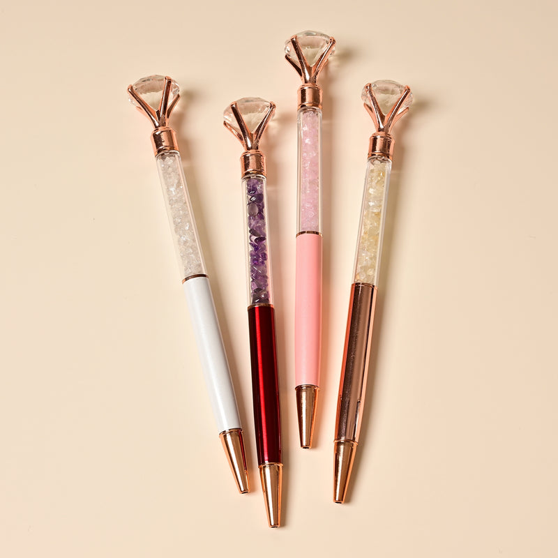 Metal Ballpoint Crystal Pens With Clear Zircon Diamond and Gemstone Chips