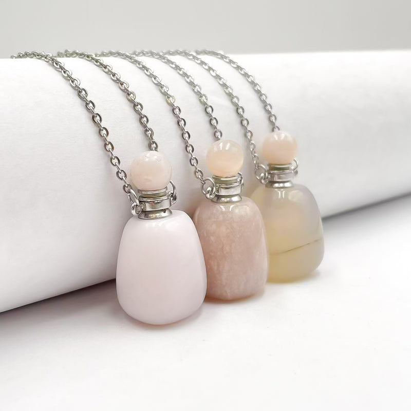 Natural Opal Essential Oil Necklace Flat Bottom Perfume Bottle & Silver Chain