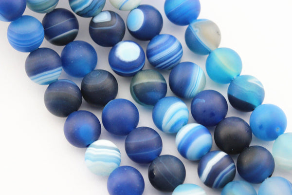 2.0mm Hole Blue Stripe Agate Matte Round Beads 8mm 10mm 15.5" Strand