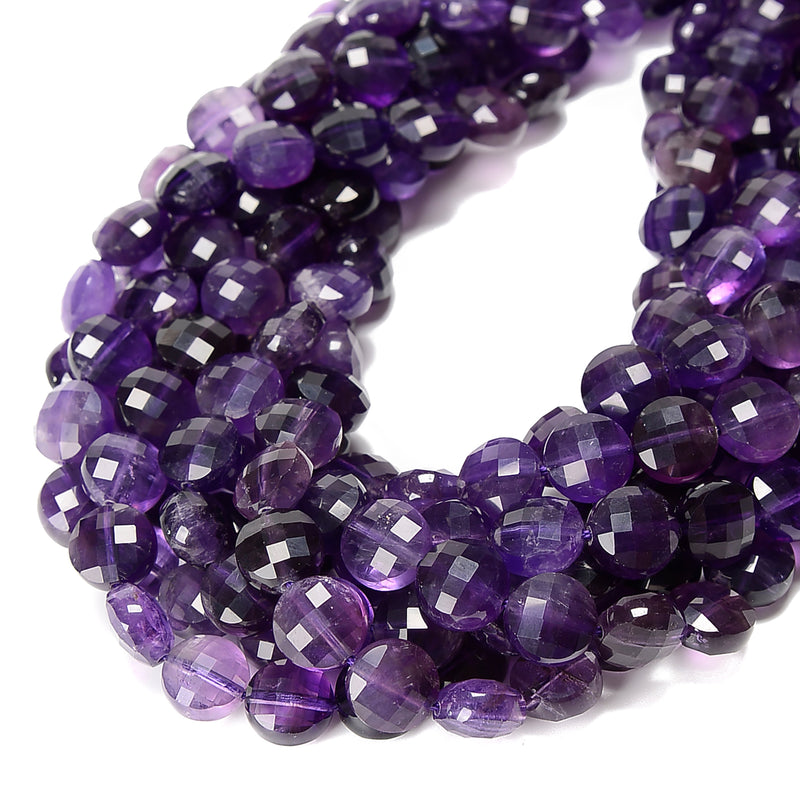 AA Grade Natural Amethyst Faceted Coin Beads Size 10mm 15.5'' Strand