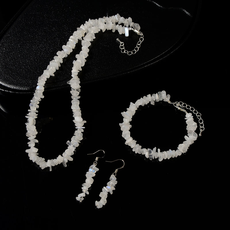 Rainbow White Moonstone Chips Beads 5-8mm Jewelry Set Bracelet Earrings Necklace