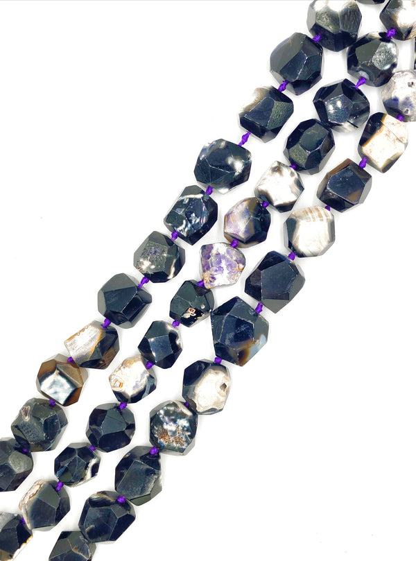 Black Stripe Agate With Purple Matrix Faceted Chunk Size 15-25mm 15.5" Strand
