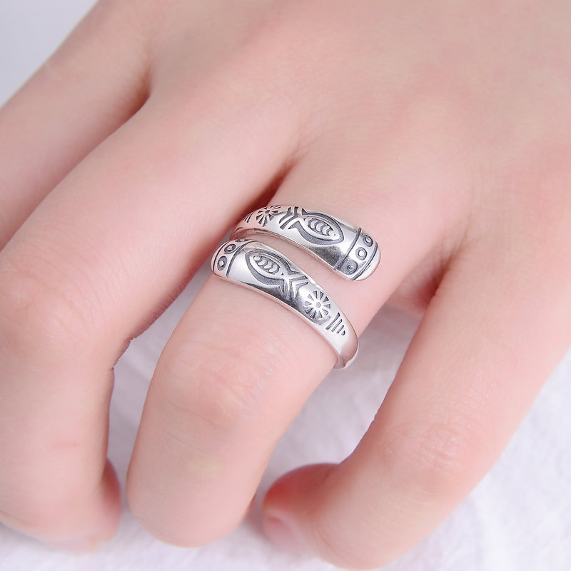 925 Sterling Silver Vintage Marcasite Double Fish Adjustable Ring Price For 1PC