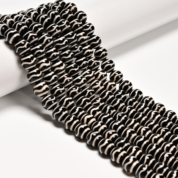 Black & White Stripe Tibetan Agate Smooth Round Beads Size 10mm 15.5" Strand