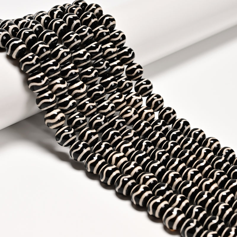 Black & White Stripe Tibetan Agate Smooth Round Beads Size 10mm 15.5" Strand