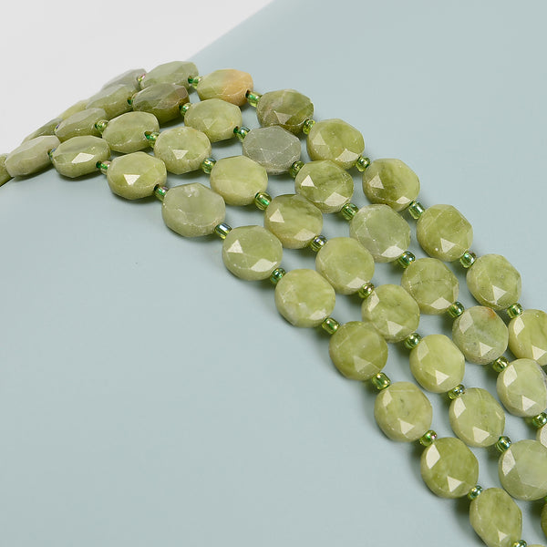 Natural Green Jade Hexagram Cutting Faceted Coin Beads Size 12mm 15.5''  Strand