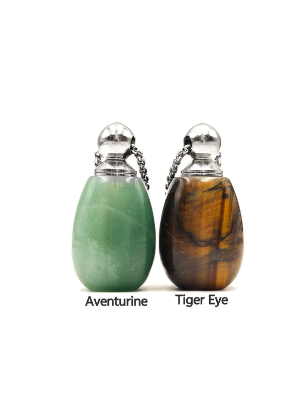 Natural Stone Essential Oil Necklace Smooth Perfume Bottle & Silver Chain