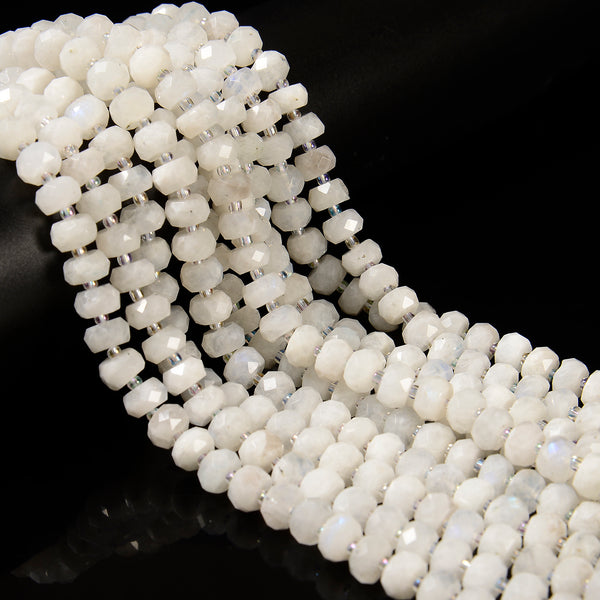White Rainbow Moonstone Faceted Wheel Rondelle Beads 5x8mm 6x9mm 15.5'' Strand