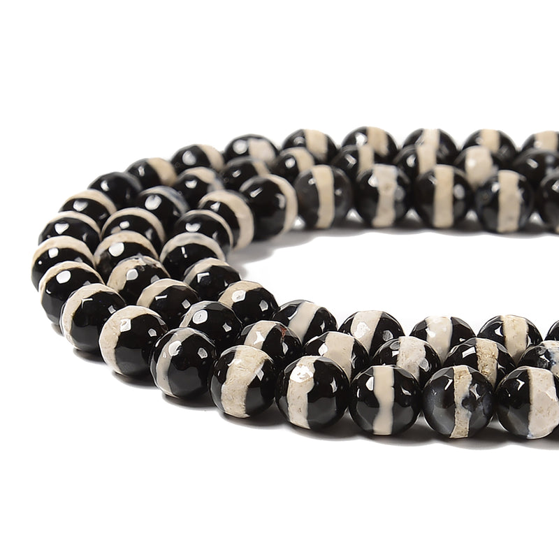Black & White Striped Tibetan Agate Faceted Round Beads 6mm to 12mm 15.5" Strand