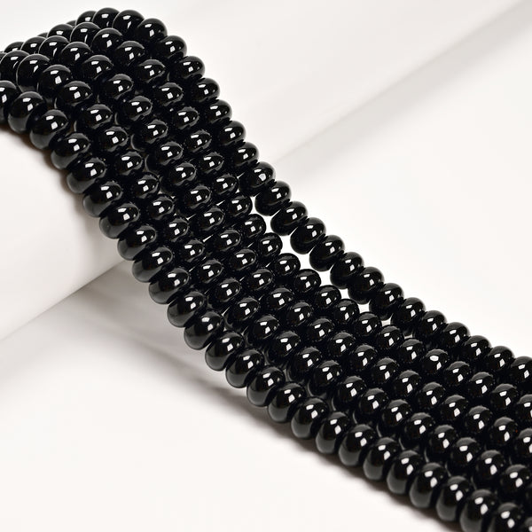 2.0mm Hole Black Onyx Smooth Rondelle Beads 5x8mm 6x10mm 8" Strand