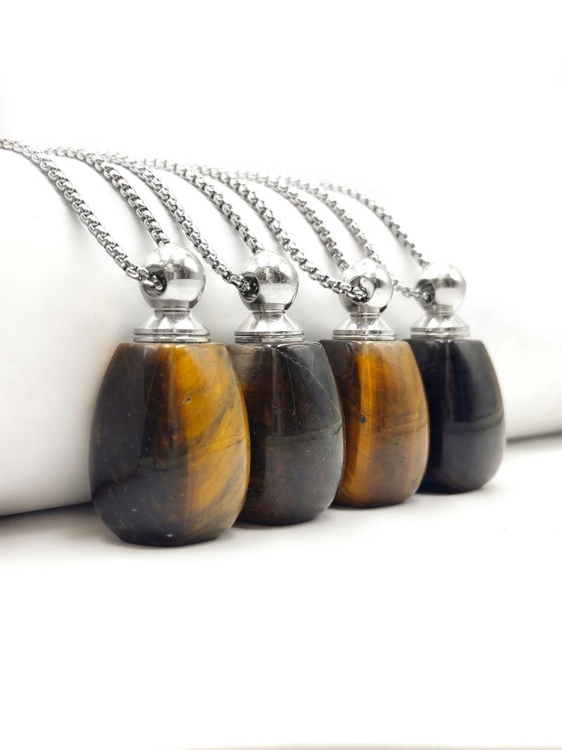 Natural Stone Essential Oil Necklace Smooth Perfume Bottle & Silver Chain