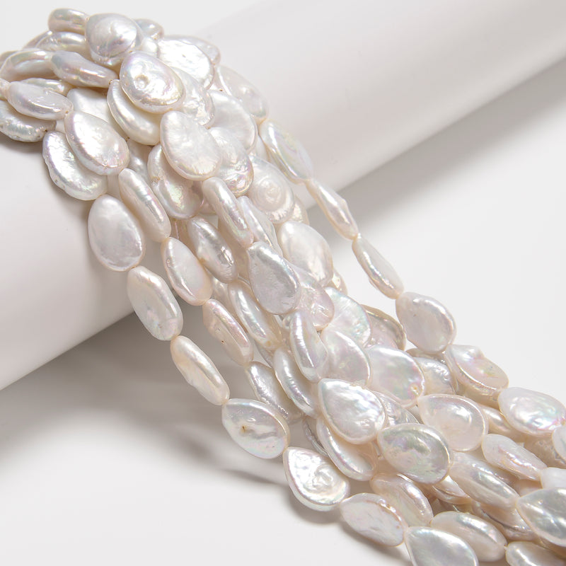 Natural White Fresh Water Pearl Flat Teardrop Shape Beads 10x14mm 15'' Strand